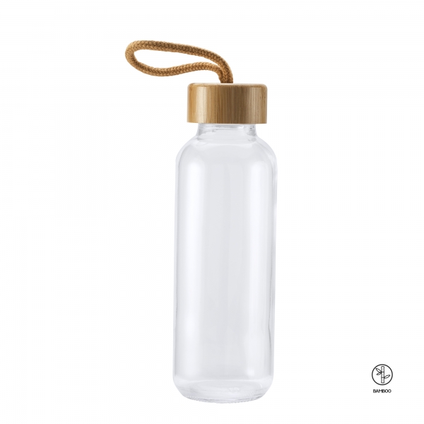 Trilby Trinkflasche 450ml aus Glas mit Bambusdeckel und Handschlaufe